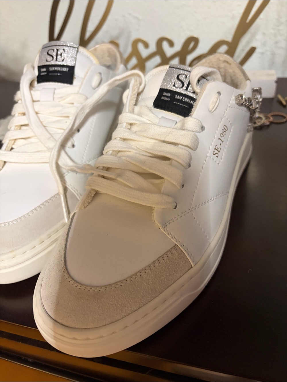 Sam Edelman White Crystal-Embellished Low-Top Sneakers - Picture 2 of 10